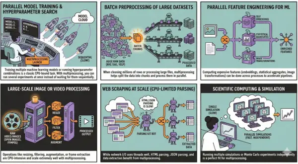 Entraînement de modèles ML, traitement de données, ingénierie de caractéristiques, traitement d'images, web scraping et simulations scientifiques : le multiprocessing accélère ces tâches.