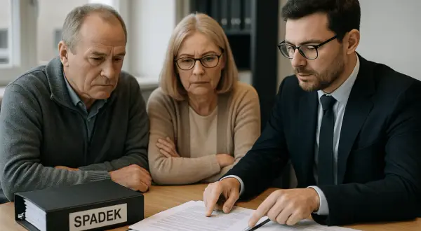 Prawnik wyjaśnia starszemu małżeństwu kwestie spadkowe. Rozmawiają o tym, kto dziedziczy po dziecku.