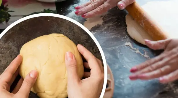 Dłonie formują ciasto na pizzę. Czy ciasto na pizzę można trzymać w lodówce? Tak, można je przechowywać w lodówce.