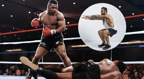 Mike Tyson in the ring, with a superimposed image of a man doing a squat.