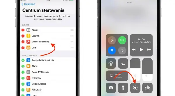 iPhone z włączonym nagrywaniem ekranu. Na lewym ekranie widać ustawienia Centrum sterowania, gdzie zaznaczono "Screen Recording". Prawy ekran pokazuje Centrum sterowania z aktywną funkcją nagrywania.