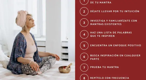 Mujer meditando en posición de loto, con un cuenco tibetano. Guía para crear tu mantra de vida.