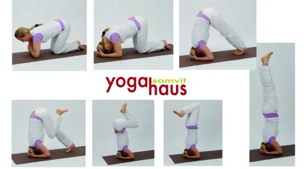 Frau übt verschiedene Schritte des Sirsasana Yoga, beginnend auf Knien, dann auf Unterarmen und Kopf, bis sie den Kopfstand erreicht.