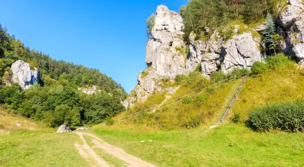 Wspinacze na wapiennych skałach w Dolinkach Krakowskich. Kręta ścieżka prowadzi przez zielone łąki i lasy.