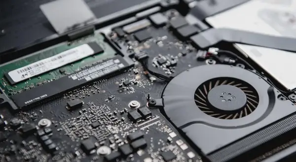 Detalle de la placa base de un portátil, mostrando un módulo de memoria RAM y el ventilador de refrigeración.