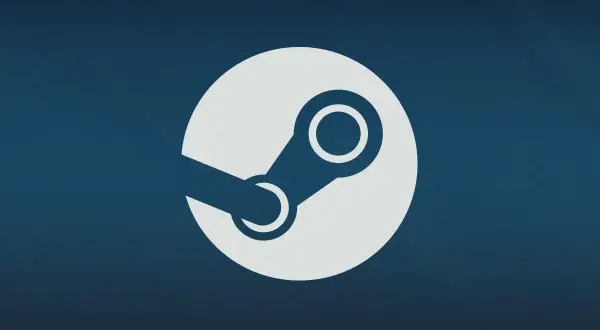 Białe logo Steam, przypominające obłok pary, na granatowym tle.