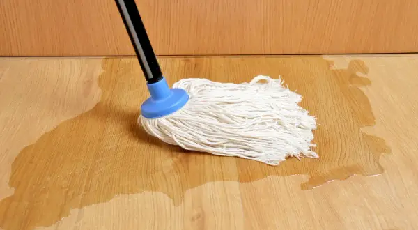 Mop na drewnianej podłodze, gdzie widać zalane panele. Woda rozlewa się po jasnym drewnie, tworząc kałuże.