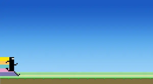 Czarna postać w stylu pixel art biegnie po tęczowych platformach. Klasyczne gry mobilne.