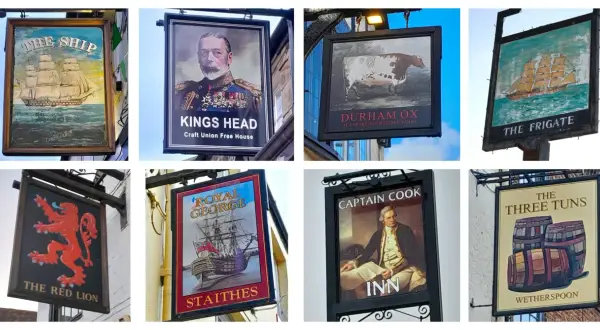 Carteles de pubs con nombres ingleses antiguos elegantes: The Ship, Kings Head, Durham Ox, The Frigate, The Red Lion, Royal George, Captain Cook, The Three Tuns.