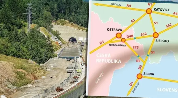 Budowa tunelu i mapka dróg pokazują turystyczne atrakcje Czech i Słowacji, łącząc Ostrawe, Katowice i Żylinę.