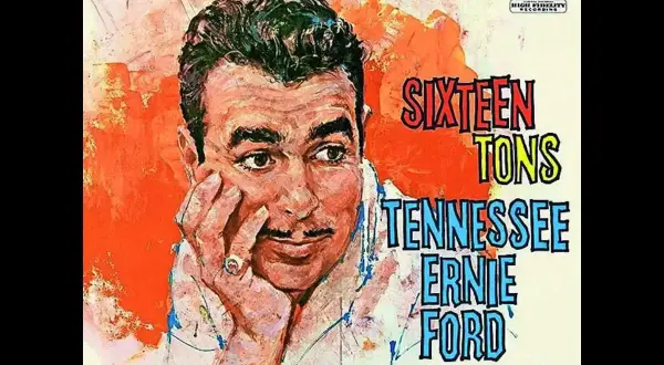 Okładka albumu Tennessee Ernie Ford "Sixteen Tons". Portret artysty z charakterystycznym wąsem i pierścieniem na palcu.