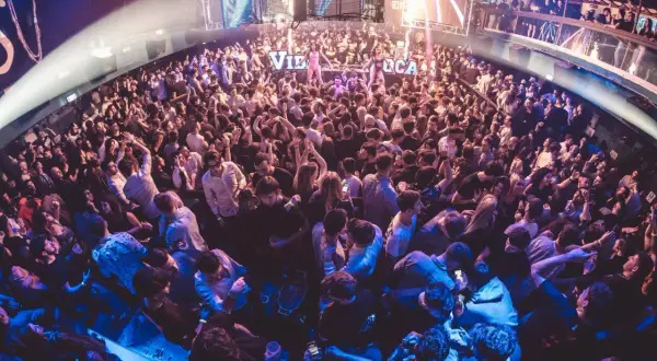 Folla scatenata in una delle discoteche di Bologna centro, con luci stroboscopiche e musica a tutto volume.