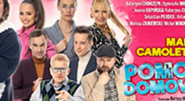 Plakat teatralny z grupą aktorów w stylizowanych strojach, w centrum napis "POMOC DOMOWA".