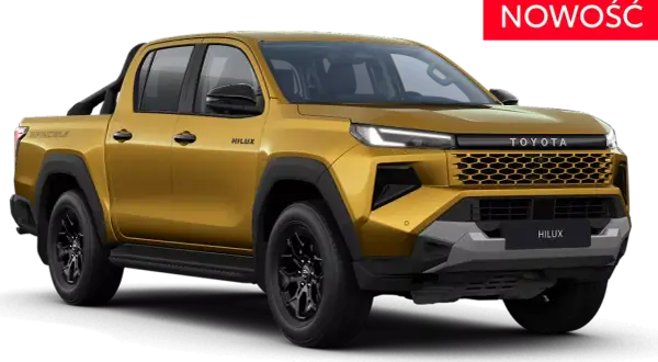 Złoty Toyota Hilux 2025 Invincible, nowy model z nowoczesnym grillem i światłami LED. Gotowy na każdą przygodę.