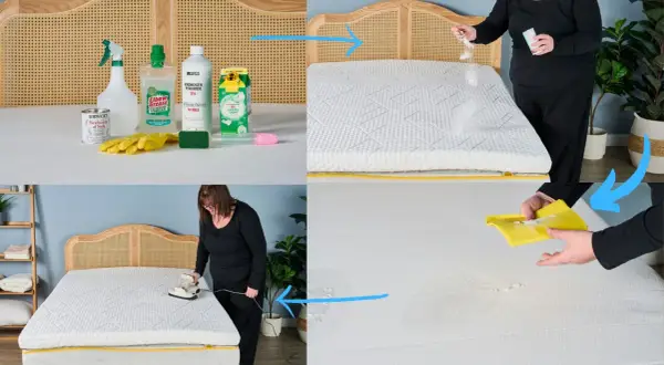 Cleaning a mattress topper that smells like sweat. Baking soda is sprinkled on, then a damp cloth is used to clean.