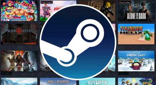 Logo Steam na tle okładek gier komputerowych.