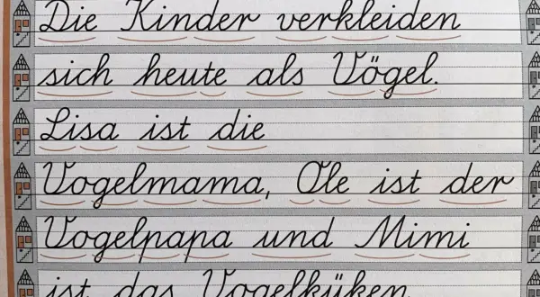 Übungstext in verbundener Grundschrift: Kinder verkleiden sich als Vögel. Lisa ist Vogelmama, Ole Vogelpapa, Mimi Vogelküken.