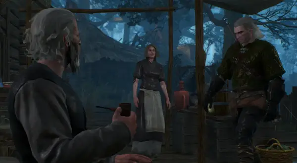Geralt z Rivii w "Wiedźmin 3 bez śladu" rozmawia z parą wieśniaków.