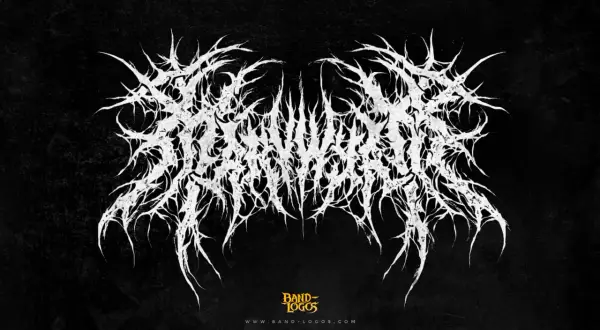 Białe, postrzępione logo zespołu w stylu black metal, przypominające korzenie lub ciernie, na czarnym, teksturowanym tle.