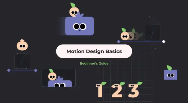 Cute characters illustrate motion design tutorials, showing animation curves and the numbers 1, 2, 3.