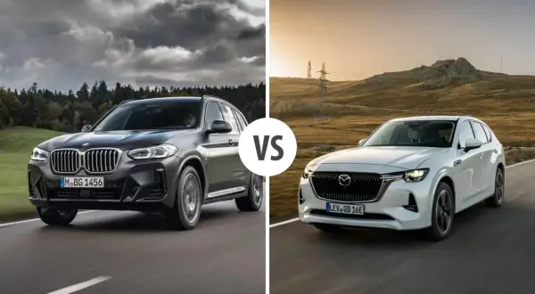 Szara BMW X3 i biała Mazda CX-60 jadące po drogach.