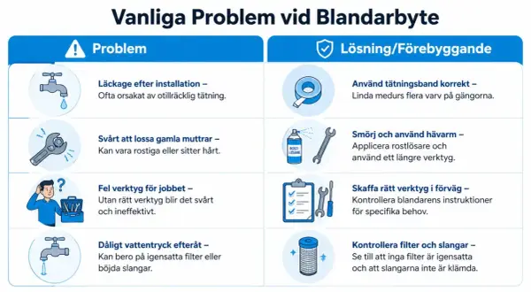 Infografik som visar vanliga problem och lösningar vid byta blandare handfat, som läckage, rostiga muttrar och fel verktyg.
