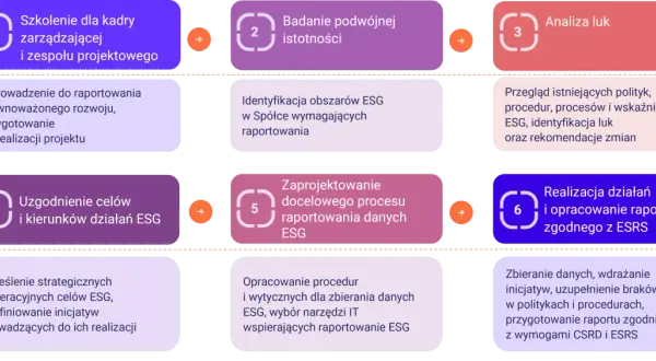 Schemat przedstawia 6 kroków zarządzania projektem ESG: od szkoleń i analizy luk po raportowanie zgodne z ESRS. Dowiedz się, esg co to jest i jak je wdrożyć.