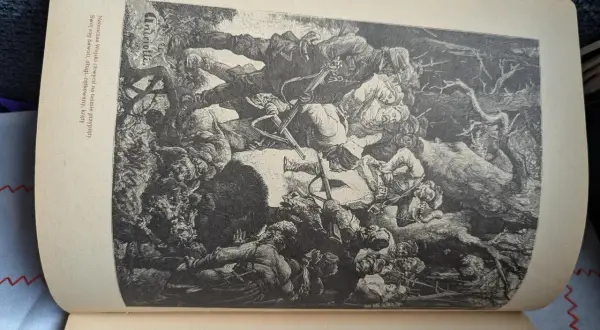 Ilustracja z "Pana Tadeusza" przedstawiająca scenę batalistyczną z postaciami w strojach z epoki.