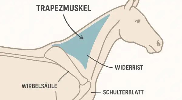 Anatomische Zeichnung eines Pferdes, die den **Trapezmuskel** über dem Widerrist und Schulterblatt zeigt.