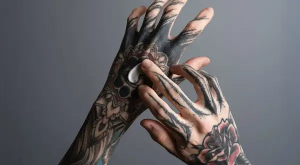Hände mit detaillierten Tätowierungen, die mit einer weißen Creme eingerieben werden. Die tattoo tiefe der Muster wird durch die Pflege betont.
