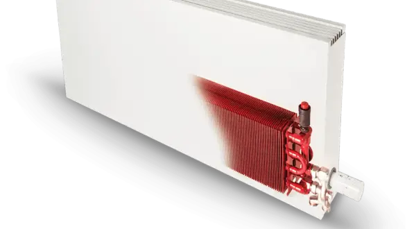 Przekrój grzejnika z widocznym czerwonym elementem grzewczym. Pokazuje, jaka temperatura wody na grzejniki jest optymalna do ogrzewania.