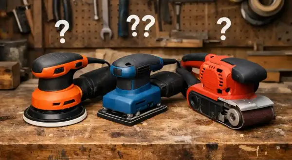 Trois ponceuses de rénovation, une orange, une bleue et une rouge, sur un établi en bois. Quel outil choisir pour votre projet ?