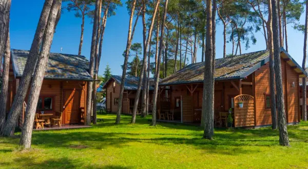 Drewniane domki letniskowe w sosnowym lesie, blisko plaży w Międzywodziu.