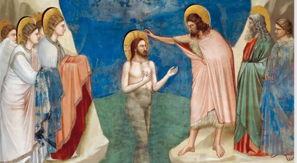 Dopet av Jesus. En viktig händelse som visar hur blir man kristen. Johannes Döparen döper Jesus i Jordanfloden.