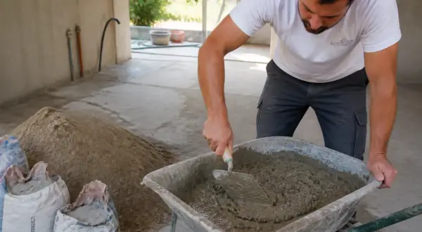 Un ouvrier prépare le mélange pour le dosage chape pour carrelage, mélangeant ciment et sable dans une brouette.