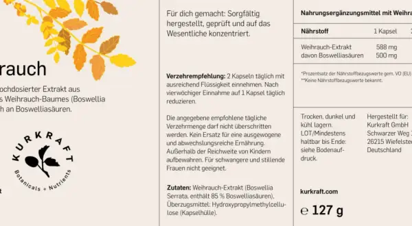 Weihrauch-Kapseln: 180 Stück, vegan. Empfehlung: 2 Kapseln täglich mit Flüssigkeit einnehmen, um Weihrauch einzunehmen.