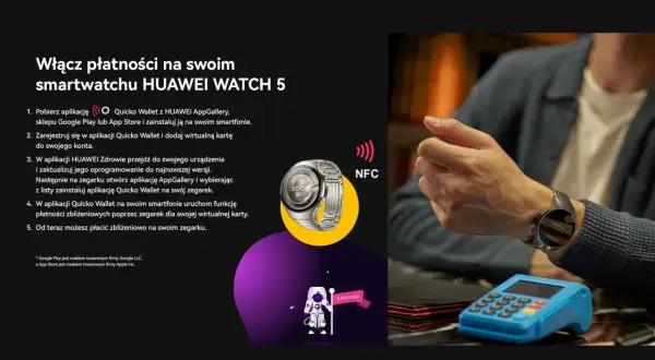 Jak połączyć smartwatch Huawei z telefonem, by płacić zbliżeniowo. Instrukcja krok po kroku, jak skonfigurować płatności NFC na zegarku.
