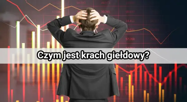 Zrozpaczony inwestor na tle wykresów giełdowych symbolizujących krach giełdowy.