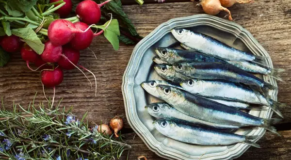 Sardine fresche su piatto d'argento, contornate da ravanelli, rosmarino e cipolline. Un pasto che ricorda una tabella alimenti ricchi di calcio e vitamina D.