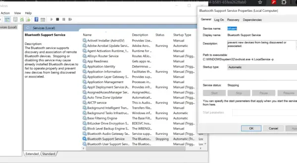 Usługa wsparcia Bluetooth w Windows 8 jest zatrzymana. Można ją uruchomić, aby zapobiec problemom z urządzeniami.
