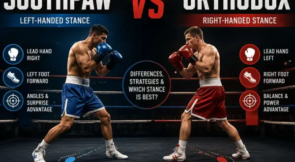 Two boxers face off, one in a southpaw stance (left-handed) and the other in an orthodox stance (right-handed), illustrating their differences.