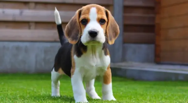 Szczeniak beagle, jeden z najłagodniejszych psów dla dziecka z włosami, stoi na trawie.