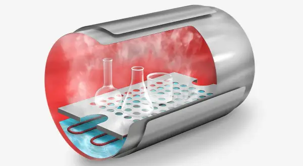 Sezione di un'autoclave: vapore rosso circonda fiaschi su una griglia sopra acqua riscaldata.