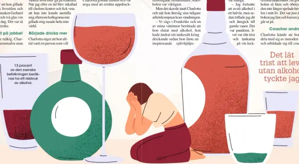 En kvinna sitter med händerna för ansiktet, omgiven av vinflaskor och glas. Bilden illustrerar en berättelse om litium och alkohol.
