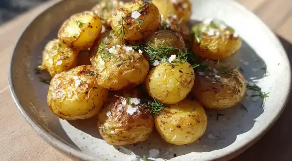 En tallrik med gyllene, råstekt potatis i airfryer, toppad med färsk dill och flingsalt. Perfekt som tillbehör!