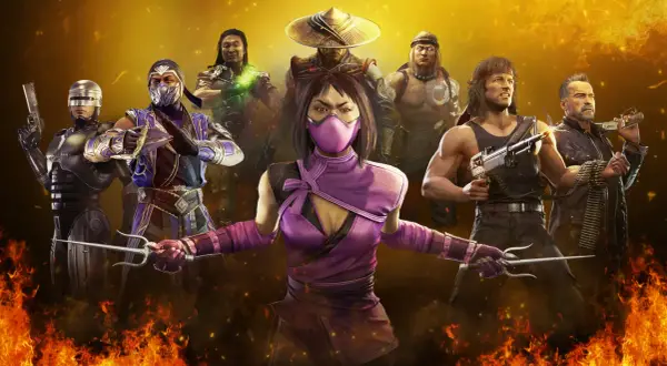 Mortal Kombat 11 postacie: Robocop, Sub-Zero, Mileena, Raiden, Liu Kang, Rambo i Terminator gotowi do walki na tle płomieni.