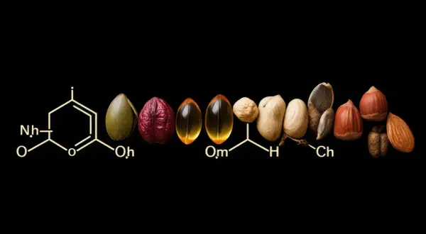 Struttura chimica e alimenti ricchi di grassi polinsaturi: semi, noci, capsule di olio.