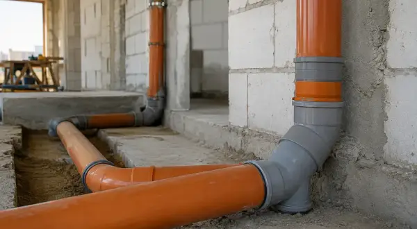 Pomarańczowe i szare kolory rur w ziemi, tworzące system kanalizacyjny w trakcie budowy.