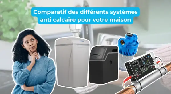 Comparatif des systèmes anti calcaire pour l'eau en France. Une femme réfléchit devant des appareils de traitement d'eau.