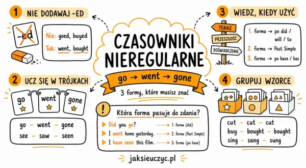 Grafika wyjaśnia odmianę czasowników nieregularnych w języku angielskim, pokazując przykłady jak "go went gone".